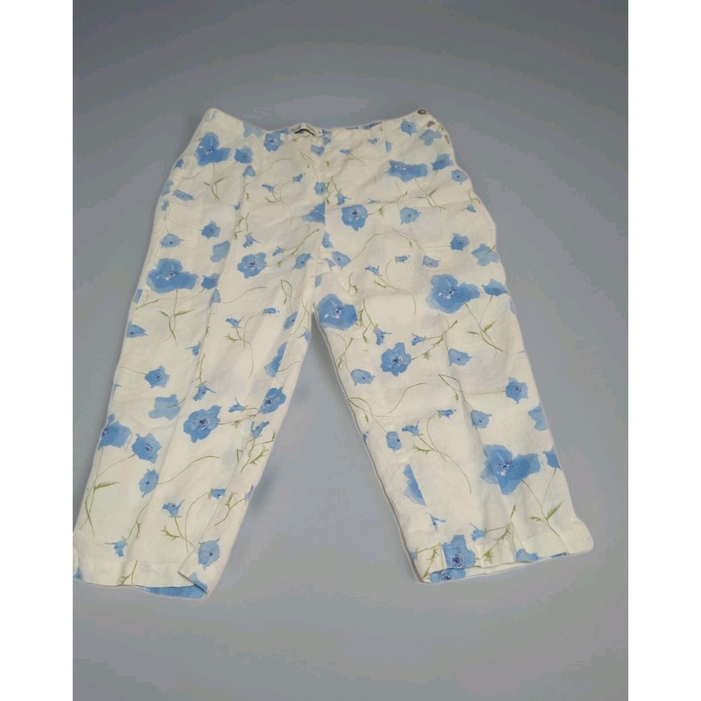 Cut Loose Linen Pants M Cropped USA Lagenlook Coastal Blue Floral Artsy Crop